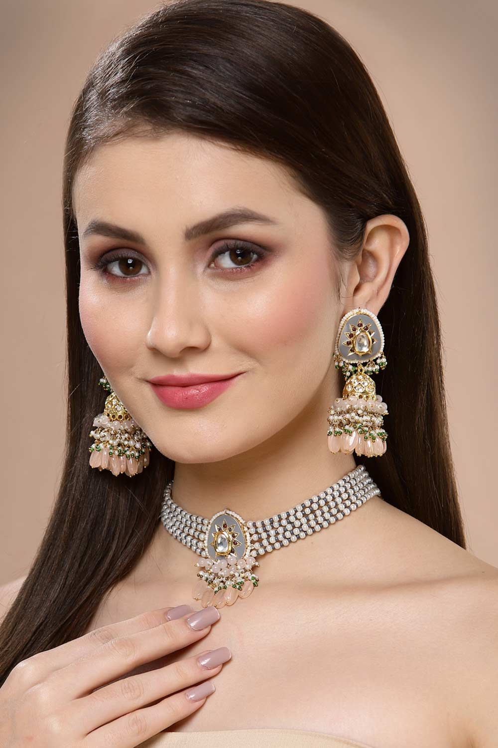 Grey And Pink Gold-Plated Kundan And American Diamonds Necklace Earring Sets