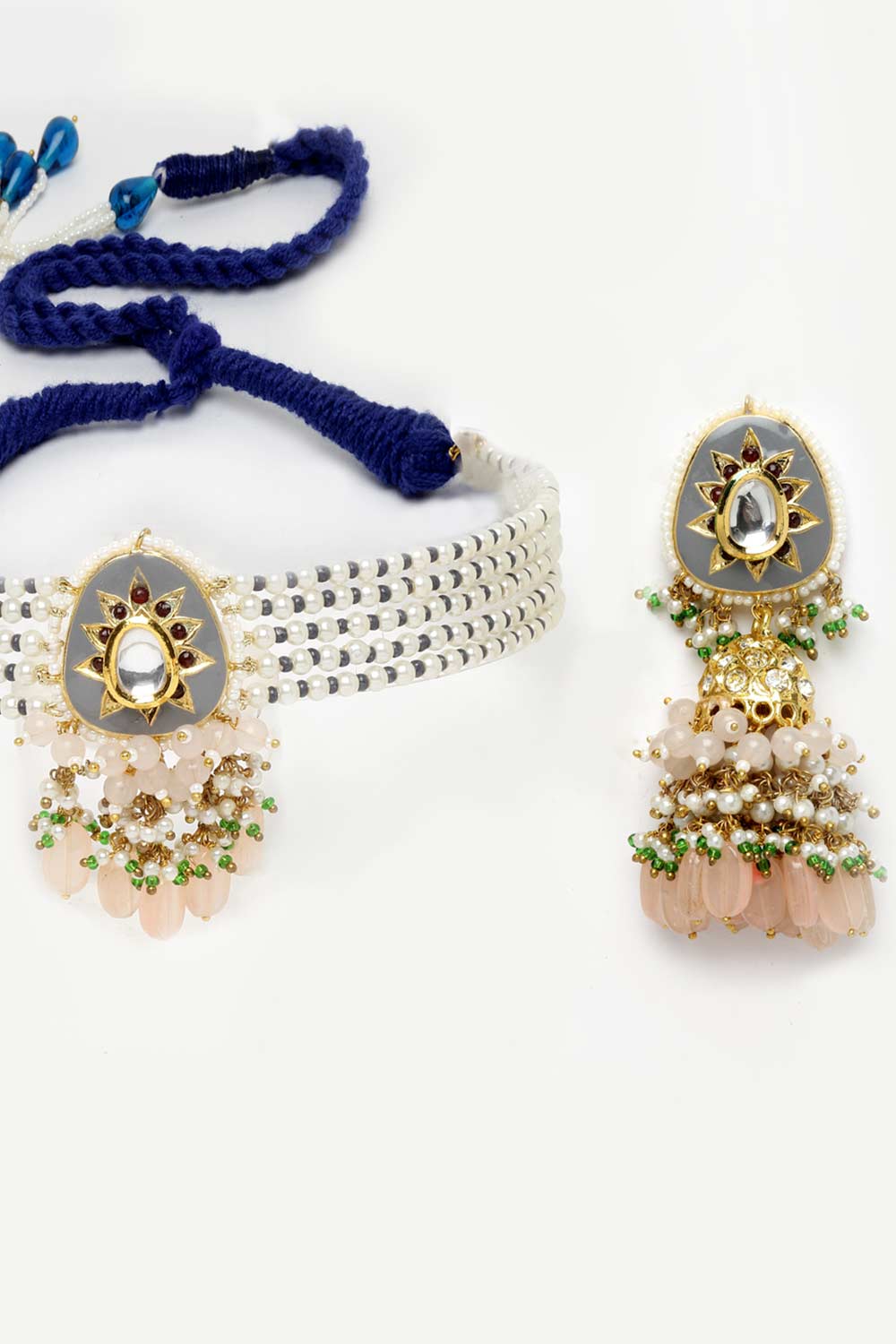 Grey And Pink Gold-Plated Kundan And American Diamonds Necklace Earring Sets