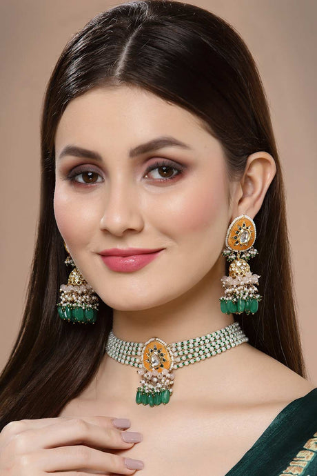 Orange And Green Gold-Plated Kundan And Pearls Necklace Earring Sets