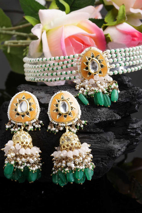 Orange And Green Gold-Plated Kundan And Pearls Necklace Earring Sets - Back Backround