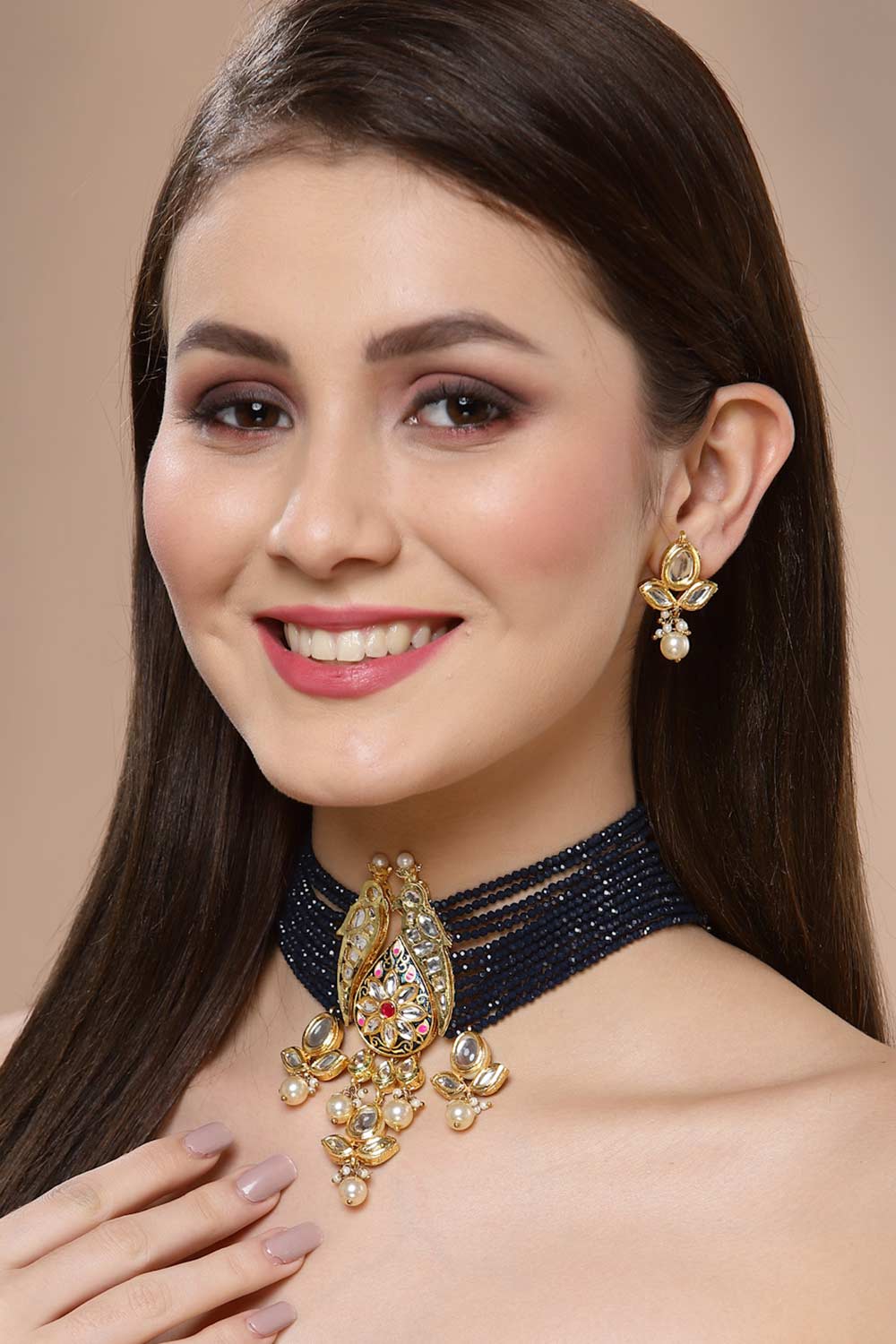 Blue And Pink Gold-Plated Kundan And Pearls Necklace Earring Sets