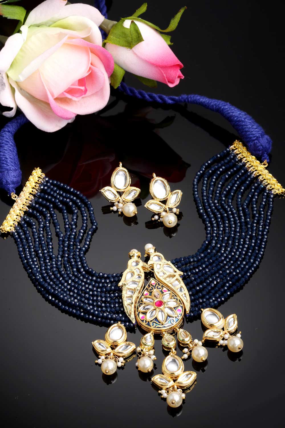 Blue And Pink Gold-Plated Kundan And Pearls Necklace Earring Sets