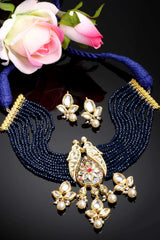 Blue And Pink Gold-Plated Kundan And Pearls Necklace Earring Sets