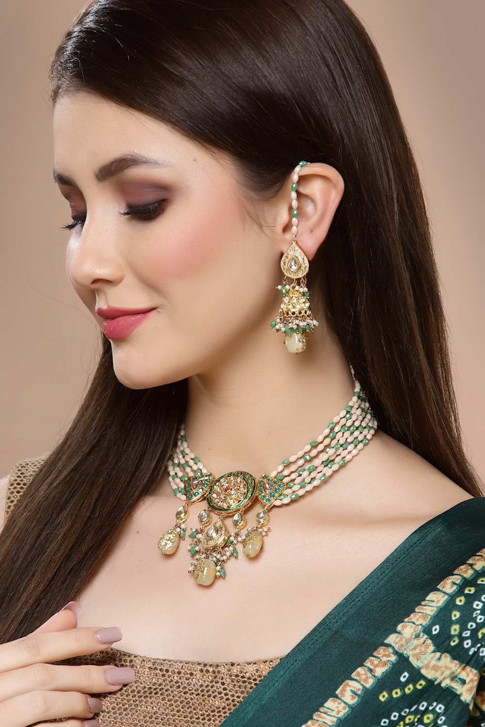 Green And Cream Gold-Plated Kundan And Pearls Necklace Earring Sets