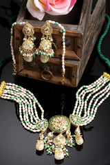 Green And Cream Gold-Plated Kundan And Pearls Necklace Earring Sets