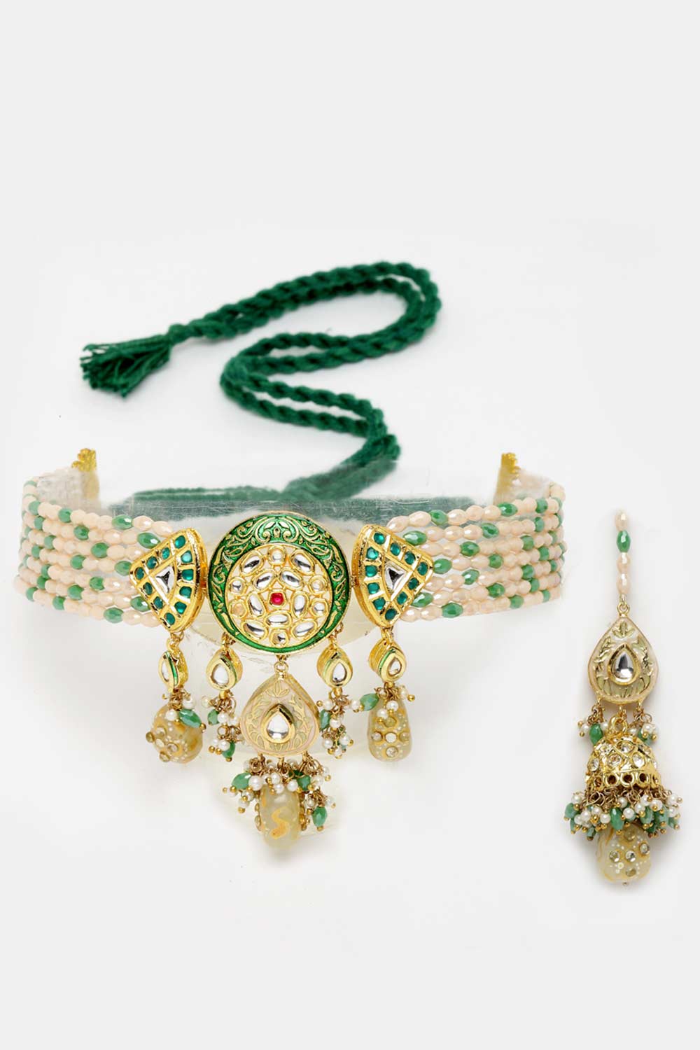 Green And Cream Gold-Plated Kundan And Pearls Necklace Earring Sets