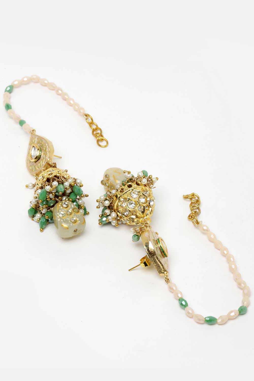 Green And Cream Gold-Plated Kundan And Pearls Necklace Earring Sets