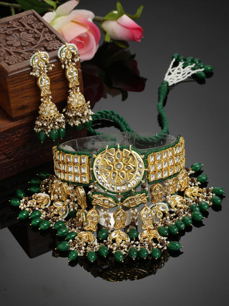 Green And Brown Gold-Plated Kundan And Pearls Necklace Earring Set