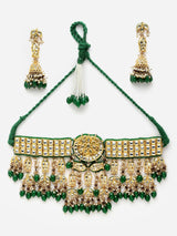 Green And Brown Gold-Plated Kundan And Pearls Necklace Earring Set