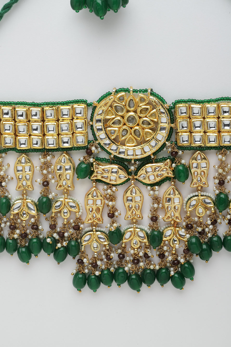 Green And Brown Gold-Plated Kundan And Pearls Necklace Earring Set