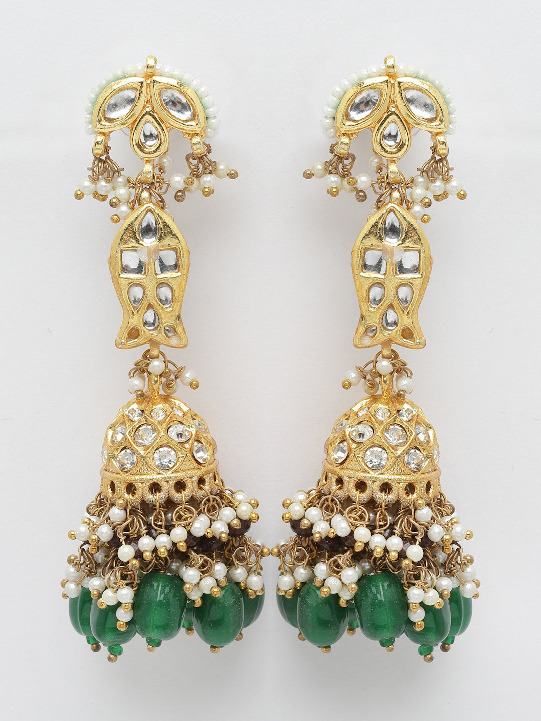 Green And Brown Gold-Plated Kundan And Pearls Necklace Earring Set