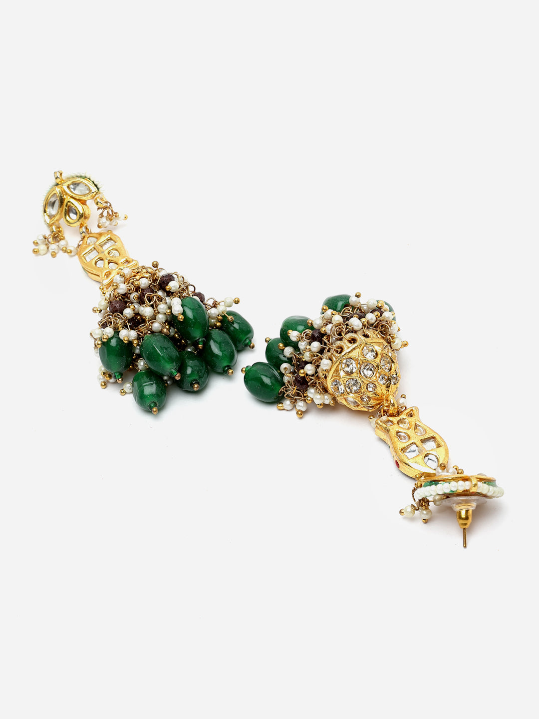 Green And Brown Gold-Plated Kundan And Pearls Necklace Earring Set