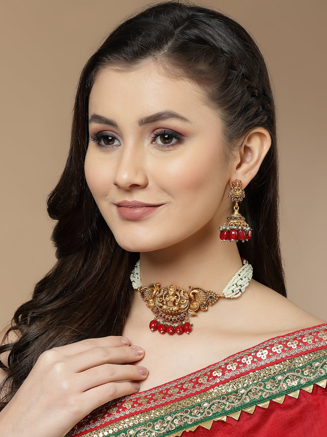 Buy Red and Green Gold-Plated Pearls and Natural Stones Necklace Earring Set Online