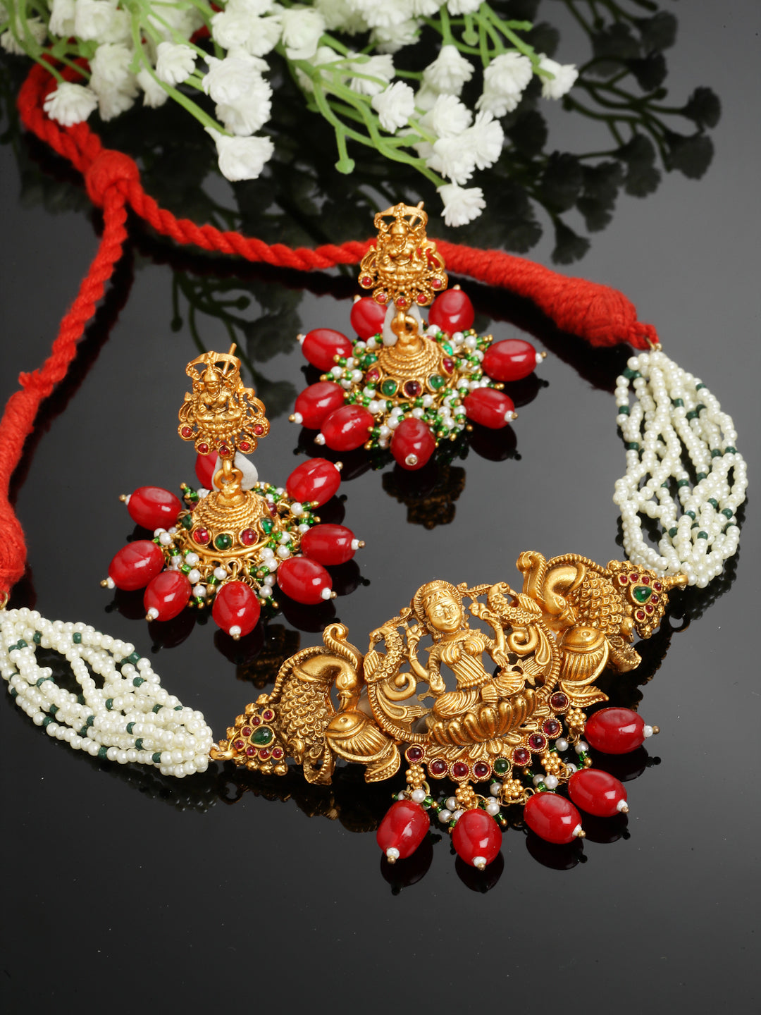 Red And Green Gold-Plated Pearls And Natural Stones Necklace Earring Set