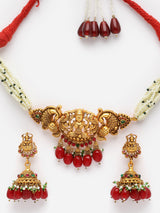 Red And Green Gold-Plated Pearls And Natural Stones Necklace Earring Set