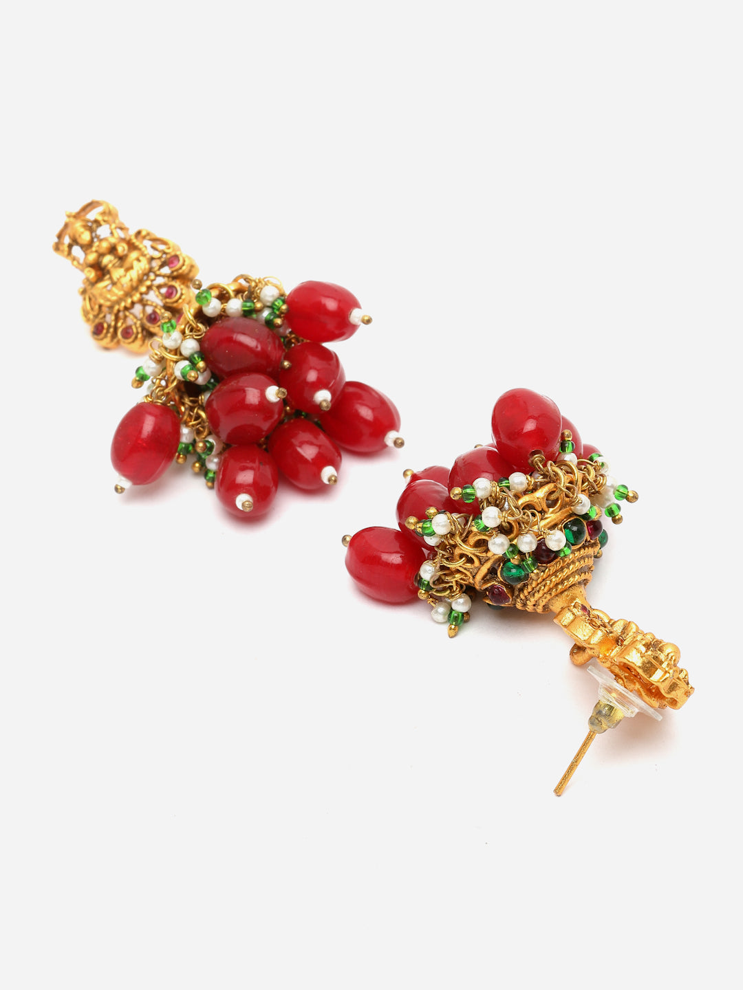 Red And Green Gold-Plated Pearls And Natural Stones Necklace Earring Set