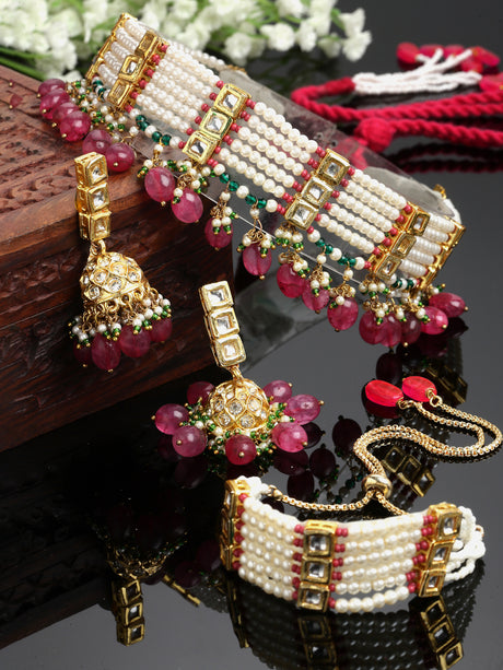 Pink And Green Gold-Plated Kundan And Pearls Necklace Earring Set With Bracelet