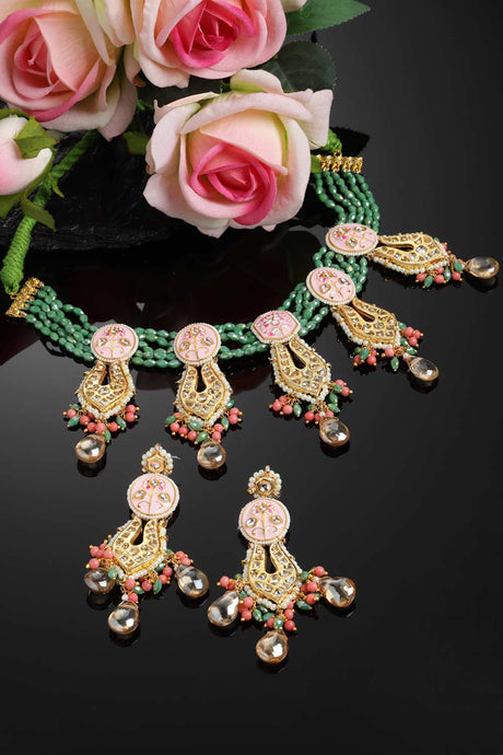 White And Green Kundan And Pearls Necklace And Earring Set
