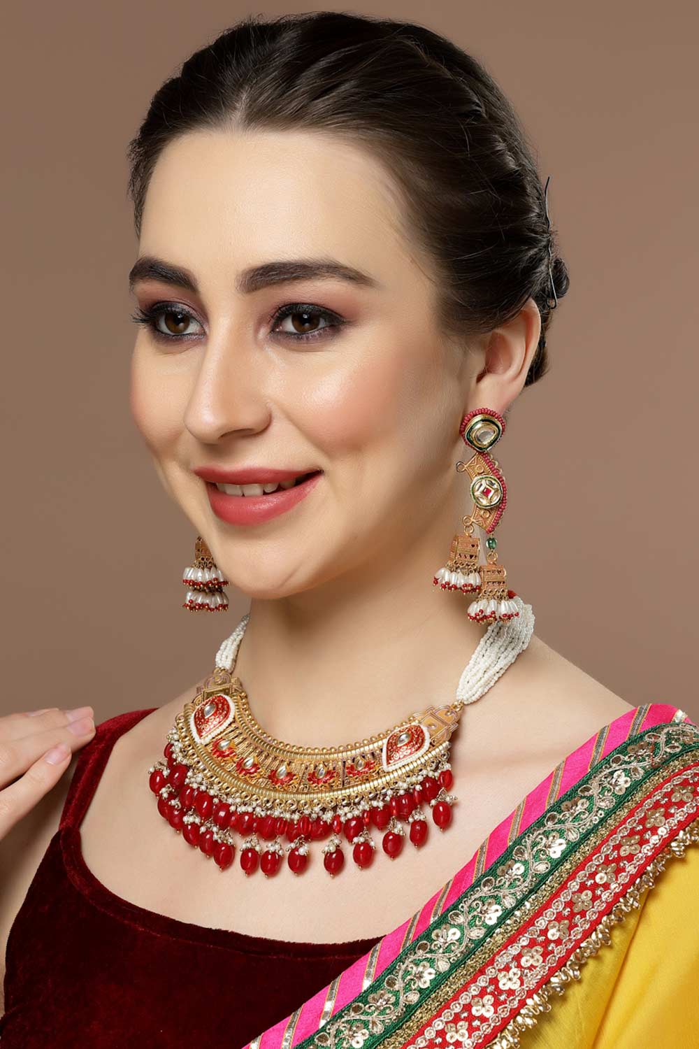 Red And Gold Kundan And Pearls Necklace And Earring Set