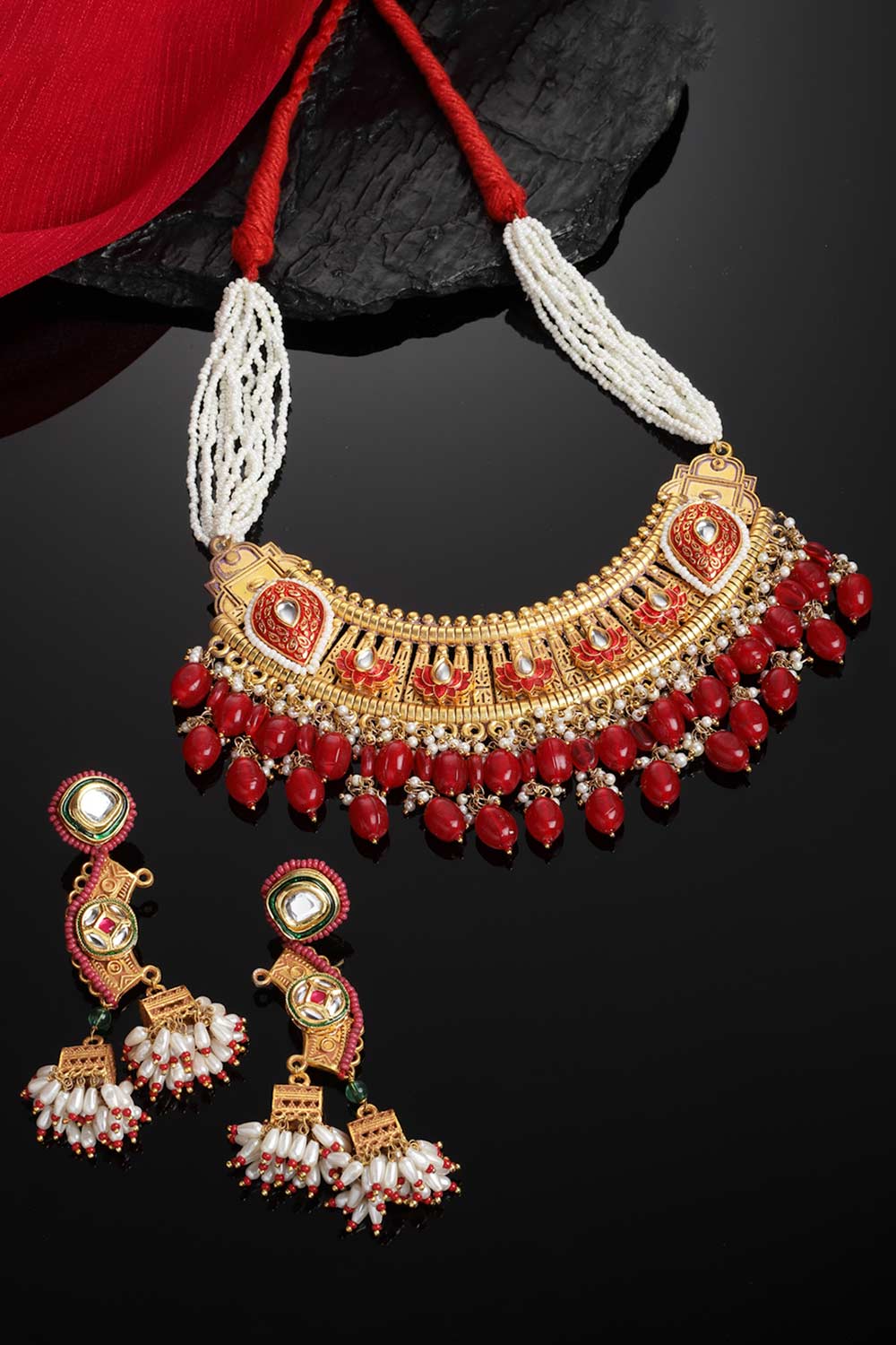 Red And Gold Kundan And Pearls Necklace And Earring Set