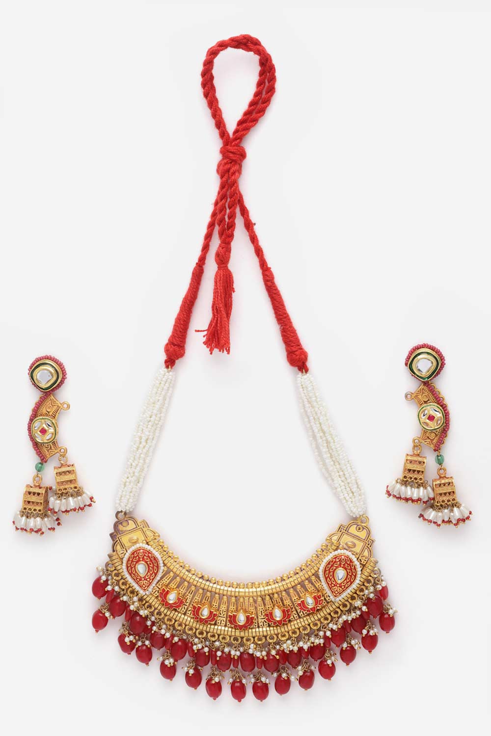 Red And Gold Kundan And Pearls Necklace And Earring Set