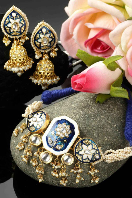 Blue And Cream Necklace With Earring Jewelry Set With Kundan And Pearls