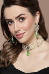 Green And Cream Necklace With Earring Jewelry Set With Kundan And Pearls