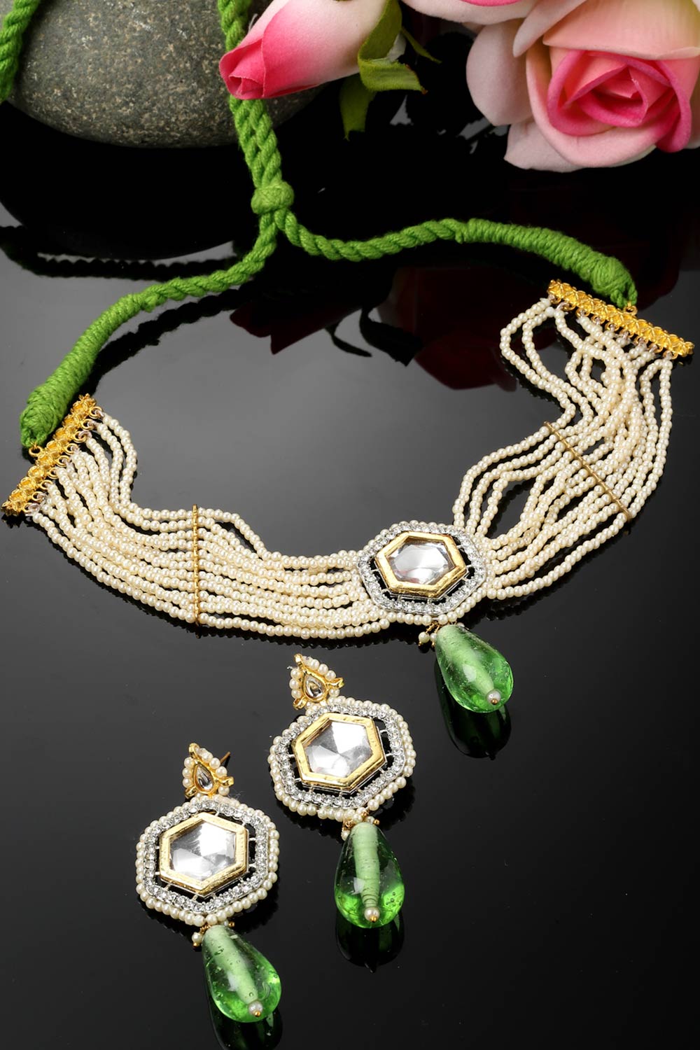 Green And Cream Necklace With Earring Jewelry Set With Kundan And Pearls