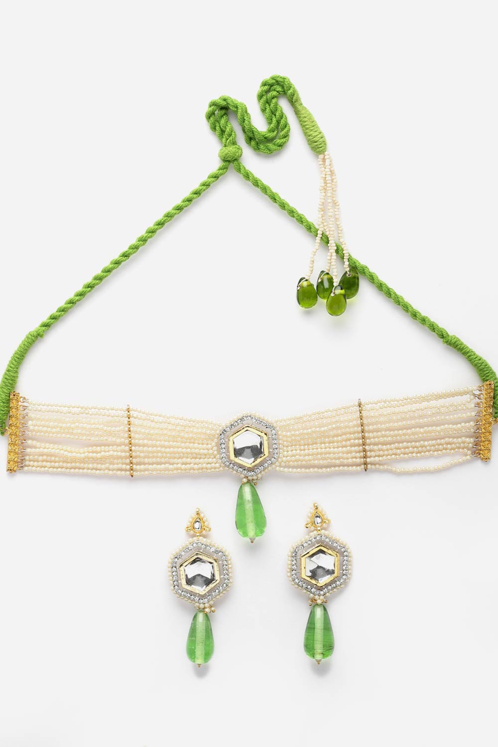 Green And Cream Necklace With Earring Jewelry Set With Kundan And Pearls