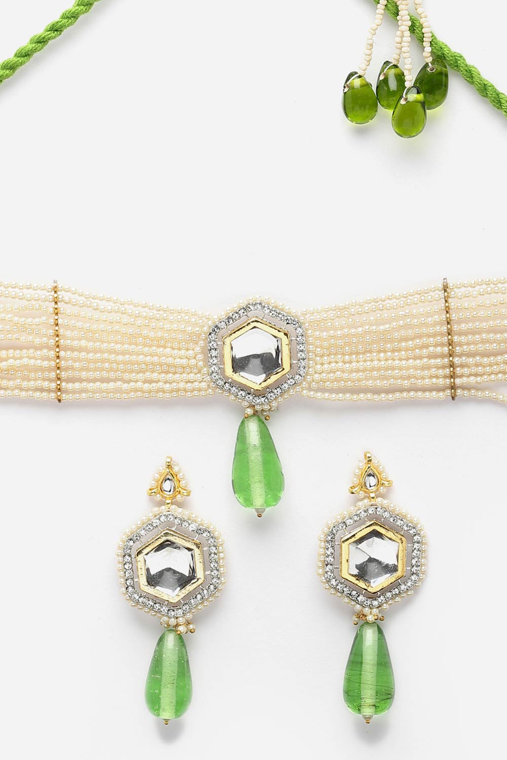 Green And Cream Necklace With Earring Jewelry Set With Kundan And Pearls