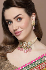 Pink And Peach Necklace With Earring Jewelry Set With Kundan And Pearls