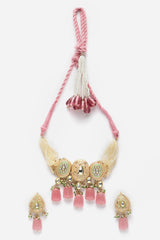 Pink And Peach Necklace With Earring Jewelry Set With Kundan And Pearls