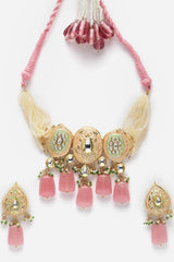 Pink And Peach Necklace With Earring Jewelry Set With Kundan And Pearls