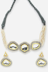 Grey And Silver Necklace With Earring Jewelry Set With Kundan And American Diamonds