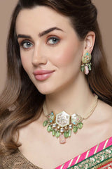 Green And Pink Necklace With Earring Jewelry Set With Kundan And American Diamonds