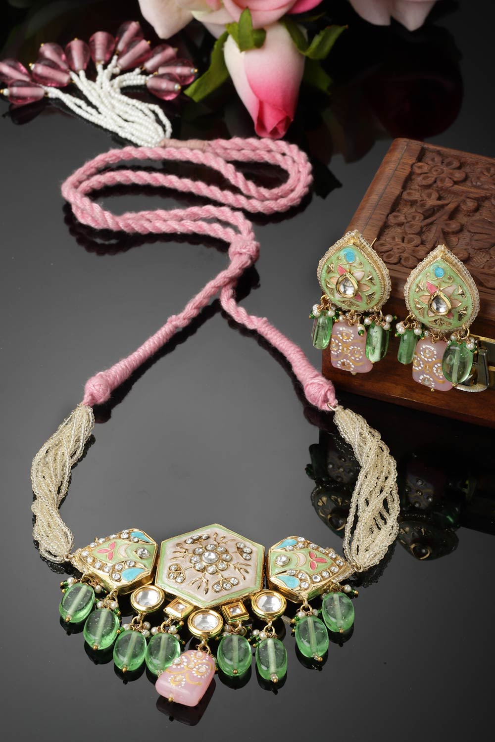 Green And Pink Necklace With Earring Jewelry Set With Kundan And American Diamonds