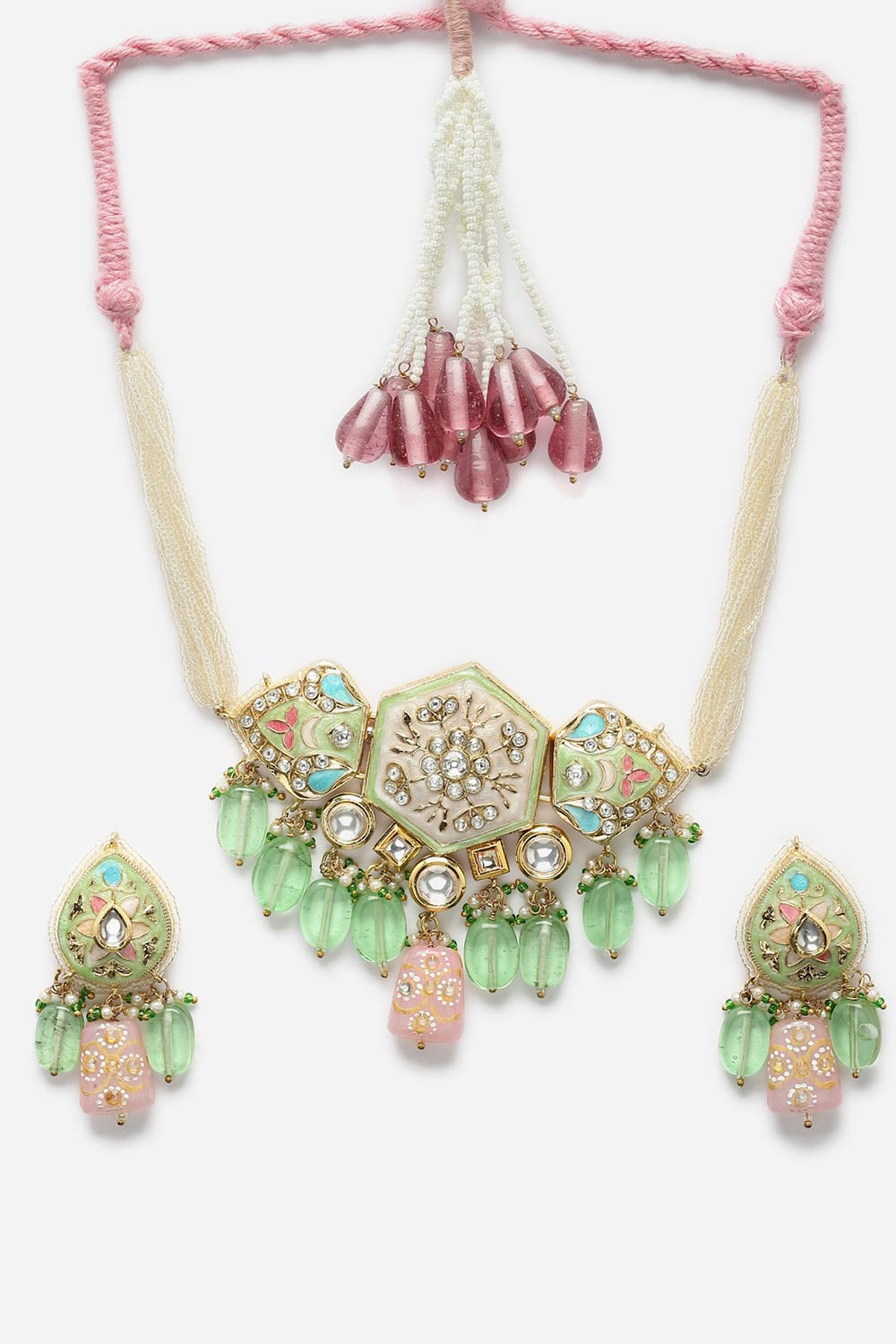 Green And Pink Necklace With Earring Jewelry Set With Kundan And American Diamonds