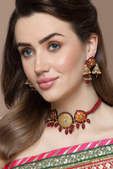 Red And Grey Necklace With Earring Jewelry Set With Kundan And Pearls