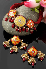 Red And Grey Necklace With Earring Jewelry Set With Kundan And Pearls