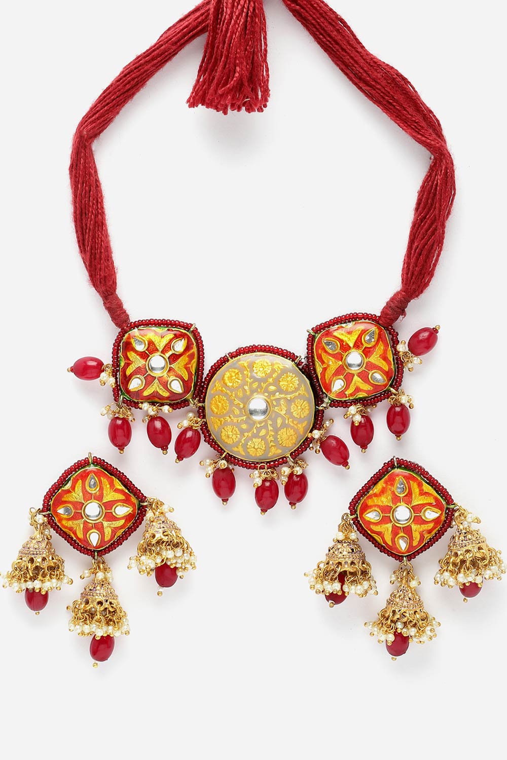 Red And Grey Necklace With Earring Jewelry Set With Kundan And Pearls