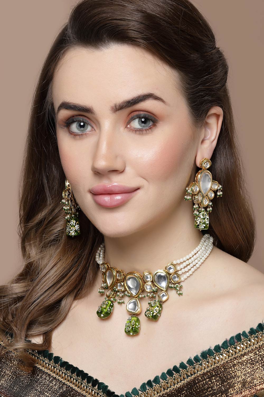 Green And Gold Necklace With Earring Jewelry Set With Kundan And Pearls