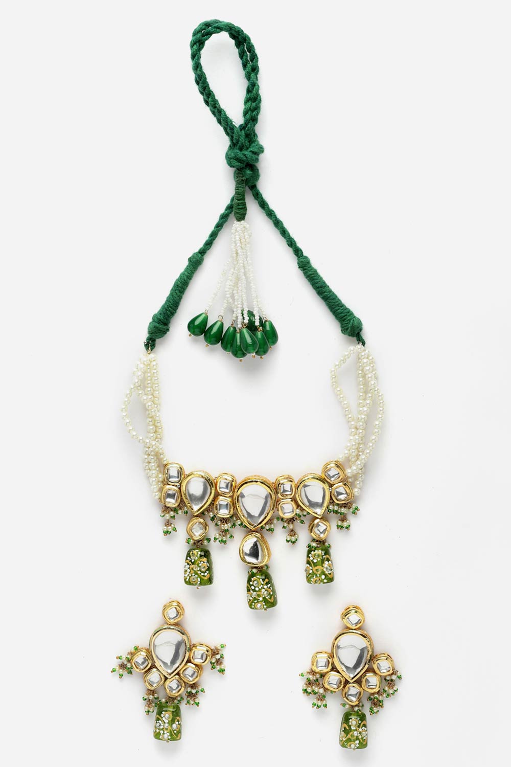 Green And Gold Necklace With Earring Jewelry Set With Kundan And Pearls