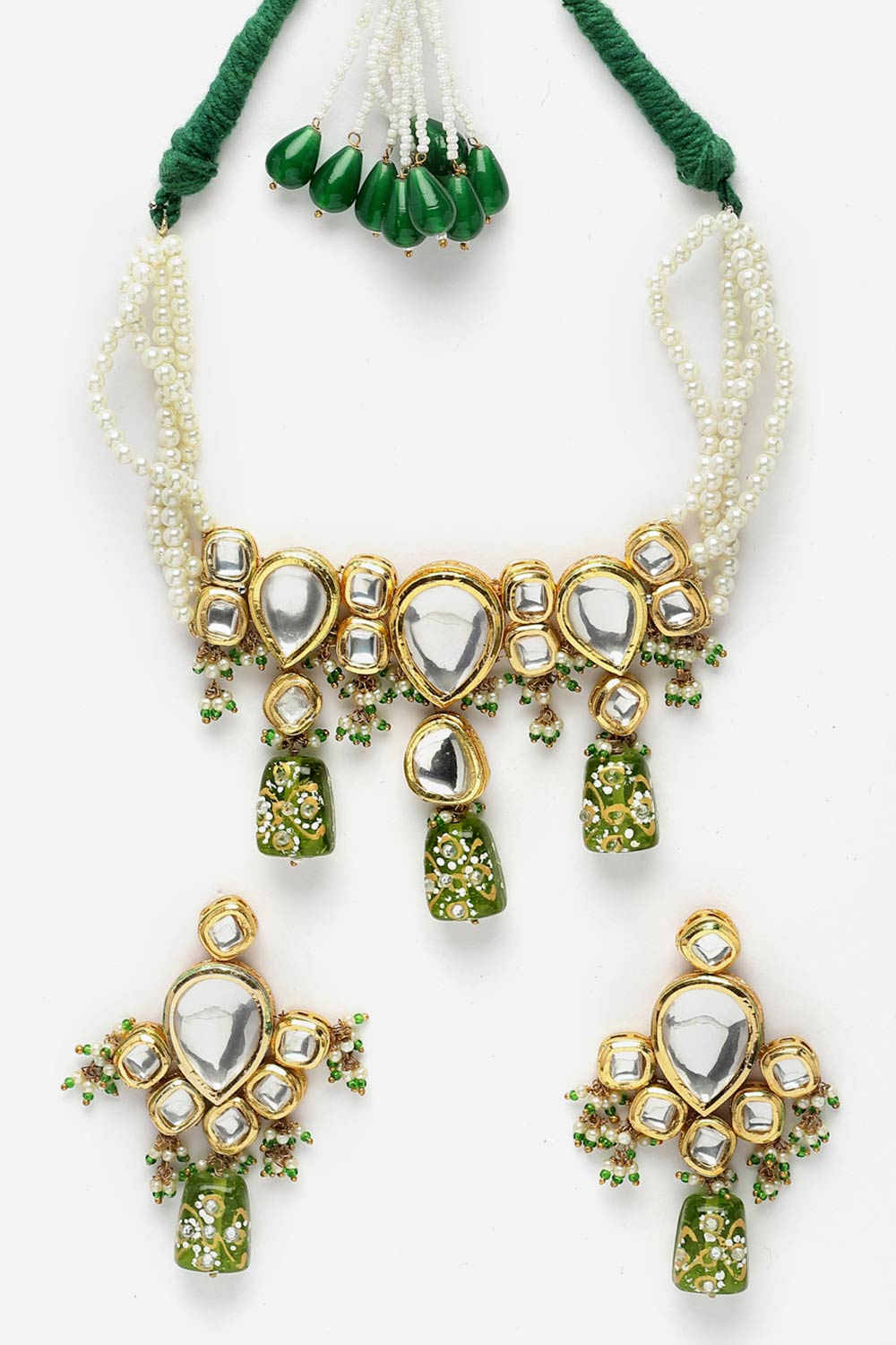 Green And Gold Necklace With Earring Jewelry Set With Kundan And Pearls