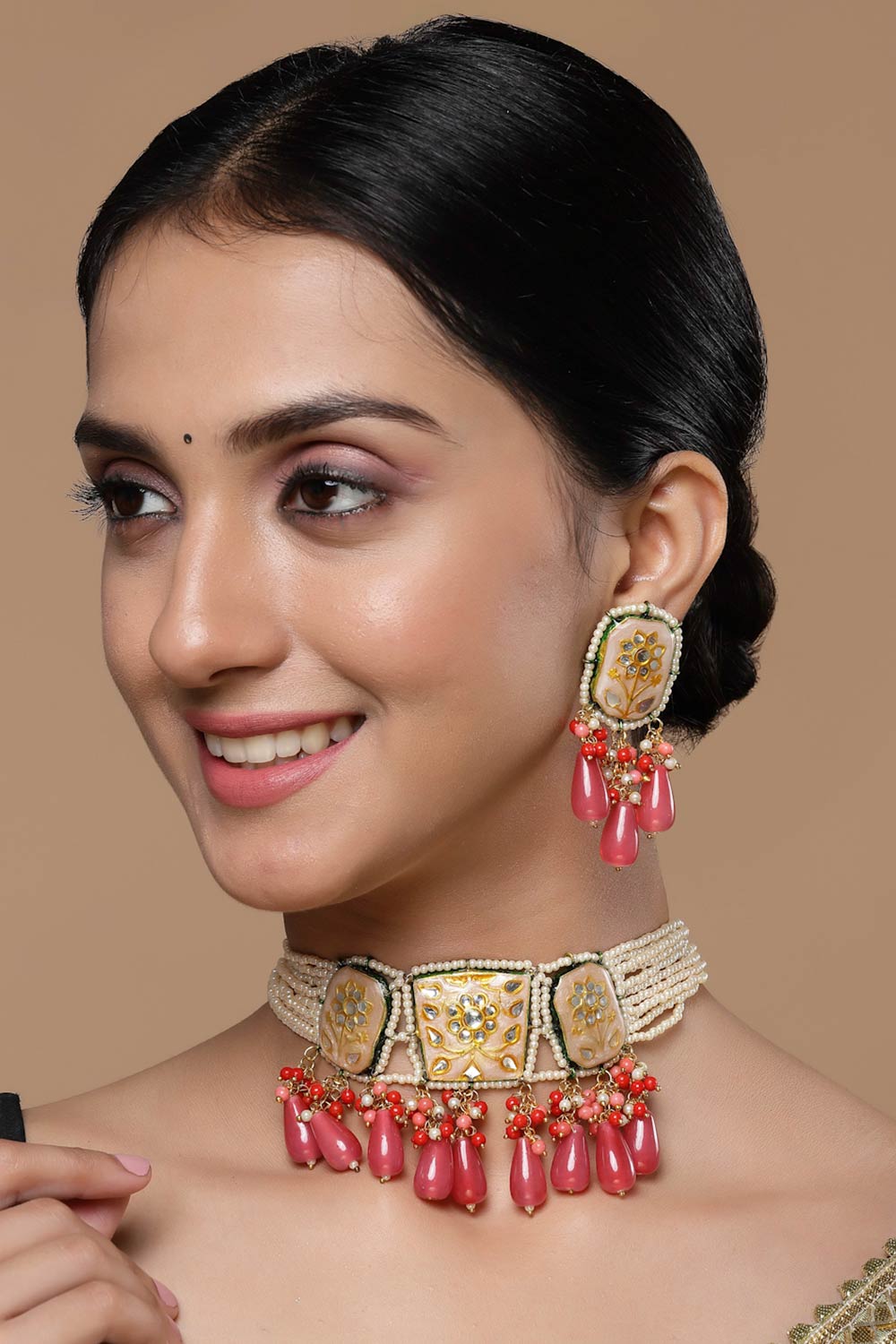 Peach And Pink Necklace With Earring Jewelry Set Kundan And Pearls