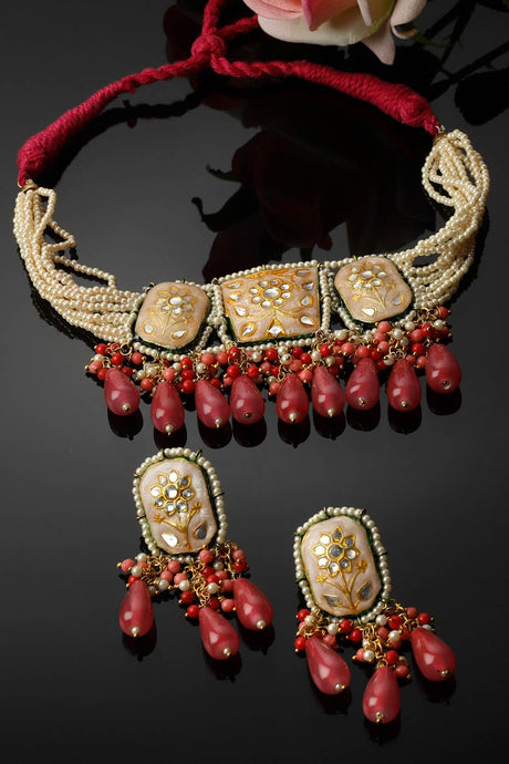 Peach And Pink Necklace With Earring Jewelry Set Kundan And Pearls