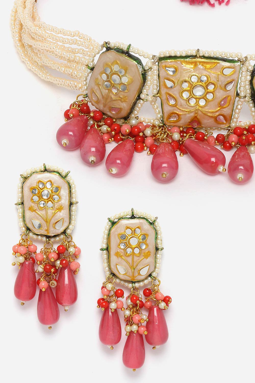 Peach And Pink Necklace With Earring Jewelry Set Kundan And Pearls