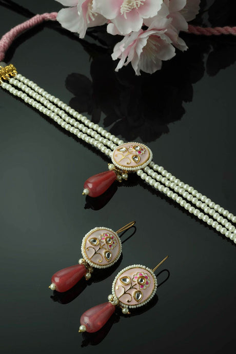 Pink And Gold Necklace With Earring Jewelry Set Kundan And Pearls