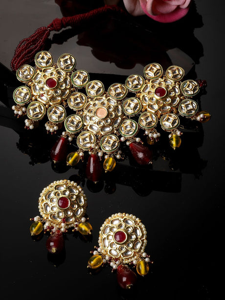 Maroon And Yellow Necklace With Earring Jewellery Set With Kundan And Pearls