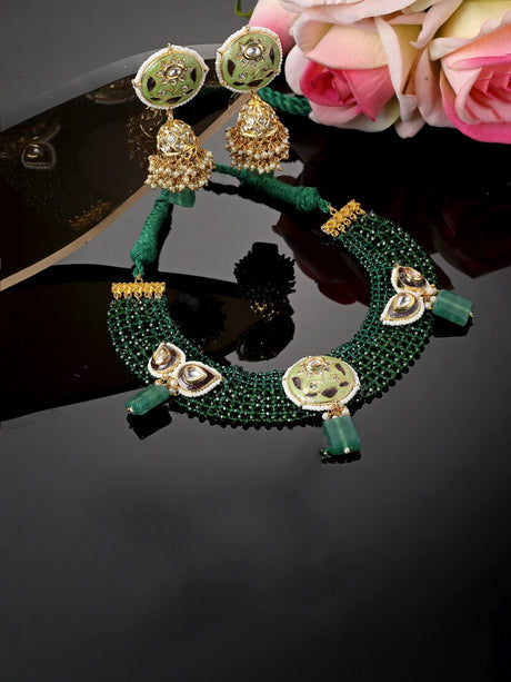 Green And Grey Necklace With Earring Jewellery Set With Kundan And American Diamonds