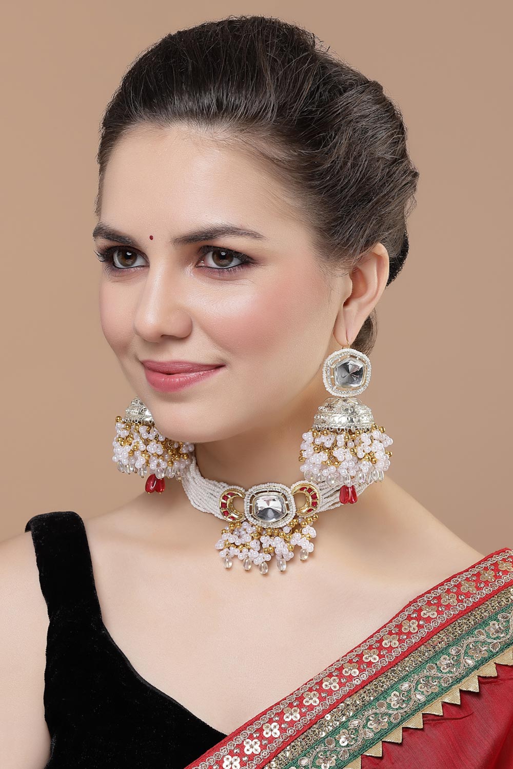 Red And White Necklace With Earring Jeweler Set Kundan And American Diamonds